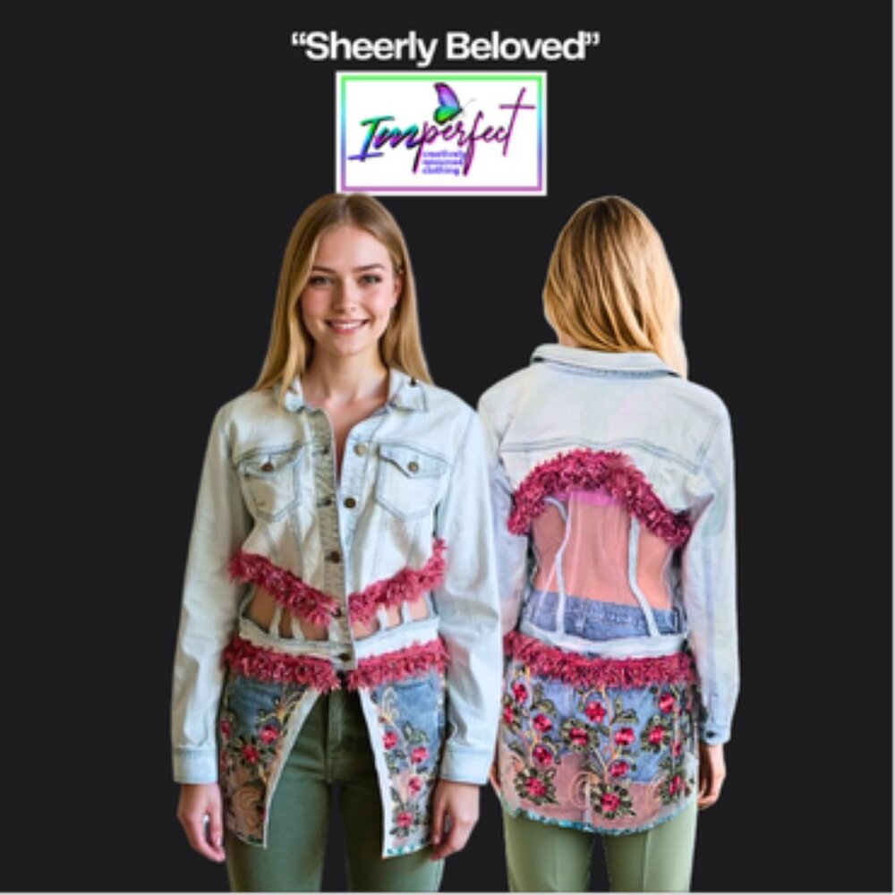 Upcycled light wash denim with embroidered mesh